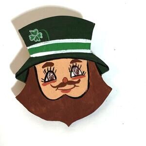 Leprechaun Pin Hand Painted Green Wooden Brooch St. Patrick's Day Irish Vintage